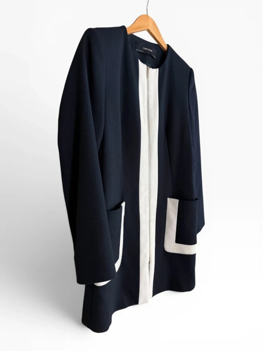 Zara Basic Zip Up Round Neck Frock Coat Blazer Jacket Navy Blue White Trim Mod M - Picture 7 of 9